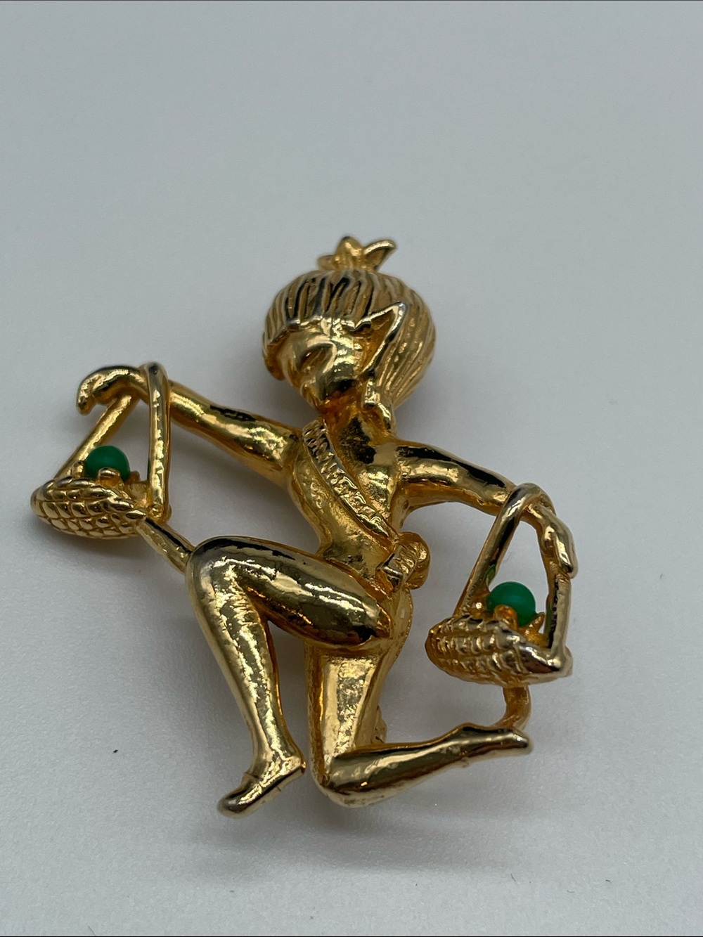 Vogue Gold-Tone Libra Figurine Brooch with Green Bead Accents